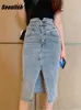Seoulish Front Split Womens Denim Wrap Skirts Buttons High Wasit Jeans Female Straight Pencil Midi Skirts Summer 240412