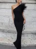 Sexy Feather One Schouder Women Party Dress Classic Black Hip Package Bodycon Maxi Dress Vrouw Elegant Club Evening Robe 240420