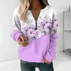 Women's Hoodies Floral Print Sweatshirt V Neck For Women Stylish Zipper Detail Pullover With Long Sleeves Elastic Cuffs