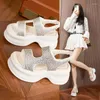 Sandals 8cm Genuine Leather Rhinestone Platform Wedge Flats Leisure Elegance Women Summer Bling Slippers Luxury Slip-On Shoes