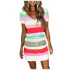 Casual Dresses Summer Women Stripe Splice Elegent Short Sleeve V-Neck randig smal klänning kvinnliga fickor midi bomull 2024