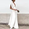 Casual Dresses Bule Women Deep V-ringning Party Evening Dress 2024 I sommar Sexig ruffle Short Sleeve Solid Elegant Formal Long