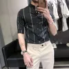 Fashion Men Shirt Elastic Korean Version Trend Striped LongSleeved Basic Free Casual Dress ShortSleeved A3410 240409