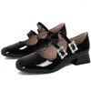 Chaussures décontractées Mary Janes Bas talons plus taille 36-43 Femmes Locs en cuir noir Brunage Roucle de boucle