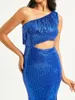 Casual Dresses Missord Elegant Blue Fringe Short Dress Women One Shoulder Sleeveless Waist Cutout Sequin Bodycon Mini Party Prom