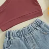 Kleidung Sets 1-5y Kinder Kinder Mädchen Sommer Feste Farbe Rippen ärmellose Ein Schulter-Tanktops Jean Short Hosen 2pcs Outfits