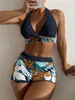Swimwear de mujeres 2024 Pantalones cortos de cintura alta Bikini Conta de halter impresa Push Up traje de baño sexy de baño Bíquico Bíquine Brasileiro
