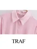 Kvinnors blusar kvinna mode våren casual skjorta rosa turnering krage långa ärmar snörning dekorera enstaka bröstkvinna