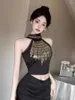 Kvinnors tankar reddachic Grunge Y2k Studded Halter Top Women Black Off-Shoulder Zip-up ärmlös Tank Crop Raves Music Festival Outfits