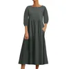 Casual Dresses Women's Fashion Solid Color Loose Cotton Linen Pocket Mid-Sleeve Long Dress Korean Recensioner Många kläder officiellt butik