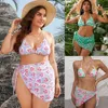 New Fat Po Large Three Piece Bikini Gathering Hanging Neck Digital Printed Swimsuit