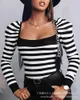 Camisetas femininas para mulheres 2024 Spring Black and White Striped Sleeve Top
