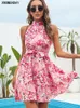 Yaz Şifon Elbise Kadın Seksi Çiçek Baskı Fırfı Bandaj Tatil Plajı Sundress Sıradan Pembe Yular A-line Kısa Elbiseler 2024 240409