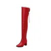 Boots 2024 sexy cuisse haute dentelle de laçage design rouge noir over-the-knee pointu talons de bloc de chaussures longues chaussures de chaussures pour femmes 45