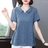 Bloups feminina colar de boneca de verão solta xadrez casual camisa camisa fêmea de manga curta Moda vintage Blusa de algodão pura de algodão puro Mulheres