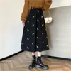 Corduroy Skirts Women Autumn and Winter New High-waisted Mid-calf Length A-line Skirt Office Lady Floral Embroidery Elegant Versatile Fashion Daily Outfits Female