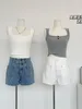 Kvinnors shorts kvinna sexig all-match jean byxor kawaii denim mode gyaru y2k plädknappfickor tvättar hög midja smal