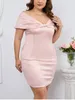 Plus Size Dresses EYNMIN Solid Off The Shoulder Mini Dress Sweet Twist Backless Bag Hip Ruched Zipper Robe Fashion Slim Vacation