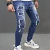 Erkekler şık cadde yırtık yama kalem kot pantolonlar erkek rahat ince denim pantolon 240417