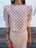 ワークドレススプリングエレガントなプリント幾何学ミディスリットスカートセット女性ヴィンテージバックレススリーブクロップスーツ女性服