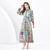 Runway Vintage Floral Print Collar Belt Long Sleeve Women Loos