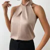 Blusas femininas de cor sólida mulheres vestem com tampas de cetim elegantes para blusa com o cargo de halter pescoço solto escritório de imitação suave imitação