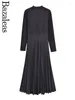 Casual Dresses 2024 Bazaleas Store Spring Black Knitted Women Pleated Dress Official Long Sleeve Elegant Midi