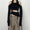 Women's T Shirts Sexy Off-the-Shoulder Drawstring Ruffle Top 2024 Fashion Summer Stylish Trendy Cut Out Irregular Long Sleeve T-shirt