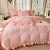 Sängkläder set comforter prinsessa barn flickor koreansk stil Seersucker Set Ruffled duvet täcker lakan linne 2m