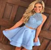 2019 Charming Tiered Homecoming Dresses Sexy A Line Two Pieces Lace Top Elastic Satin Short Girl Graduation Gowns Special Occasion3644656