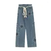 Damesjeans streetwear hiphop wide been katoenen broek vrouwen trendy rechte mode meisjes casual losse denim broek met trekkoord