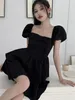 Casual Dresses Black Mini Women Sweet Ball Gown Simple Girlish Ruffles Design Streetwear Summer Puff Sleeve Fashion Korean Style