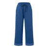 Kvinnors jeans tvättar blå rak ben hög midja avslappnad manschetterade hem dagliga byxor dragsko elastisk midja gata vintage