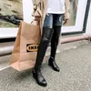 Bottes plus taille pointue talon épais peluche inner hiver long long randon couler la courroie boucle côté zipper soft pu knight