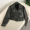 Kvinnor läder vårkvinna faux jacka chic vintage amerikansk gata slitage kort lapel dragkedja bälte cyklist rockar mode streetwear