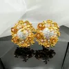 Earrings French Vintage Heavy Gold Plated Fashion Light Luxury Flower Pearl Stud Earrings Women's Ear Clips