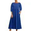 Casual Dresses Women's Fashion Solid Color Loose Cotton Linen Pocket Mid-Sleeve Long Dress Korean Recensioner Många kläder officiellt butik