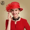 Fs Royal Lady Fascinator Red Hat Wedding Sinamay Church Chapeaux Fleurs Fleurs Femeaux Elegant Wide Brim Fedora Party 240401