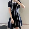 New Sandro Color Block Vertical Stripe Wave Zipper Knitted A-line Dress
