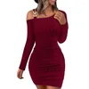 Casual jurken vrouwen herfst lente jurk gebreide een schouder dame elastische strakke taille lange mouw mini sheath party prom