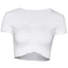 Kvinnors T-skjortor Deep V Pleated Solid Color Student Stretch Fit T-shirt Kort ärm