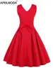 Casual Dresses Red Pleated Plain Solid Vintage Dress 1950-talet Style Women Wrap V-Neck Belted Elegant Party Retro Cotton Summer Flare