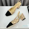 women slingback chunky heel sandals runway luxury designer classic high quality leather suture pattern spring summer dress shoes