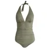 Frauen Badebekleidung gerippte Halfter einteiliger Badeanzug für Frauen grün sexy V-Ausschnitt Rückenfreiem Monokini 2024 Badeanzug Strandbekleidung