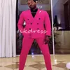 Hot Pink Slim Wedding Tuxedos Double Breasted 2 Pieces Satin Fit Peaked Lapel Groomsmen Blazer British Costume Homme Groom Suits 2024 Masculino Completo Business