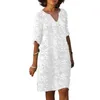 Casual Dresses Female Beach Dress V Neck Half Hides Flower Brodery Pullover Elegant Wear White Color Women Summer Loose Midi