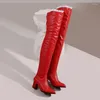 Boots 2024 sexy cuisse haute dentelle de laçage design rouge noir over-the-knee pointu talons de bloc de chaussures longues chaussures de chaussures pour femmes 45