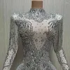 Stage Wear Flashing Crystals Rhinestones Dress Women Tassels Shoulder Evening Dresses White Mesh Birthday Celebrate Costume Outfit