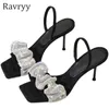 Slippers Black مطوي راينستون Stiletto Sandals 2024 Summer Word Belt High Heels Square Tee Open Sexy Women’s Shoes