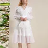 Casual Dresses French Formal White For Wedding Guest Sequin Flower Elegant Dress Sailor Collar Corset Långärmad tunika